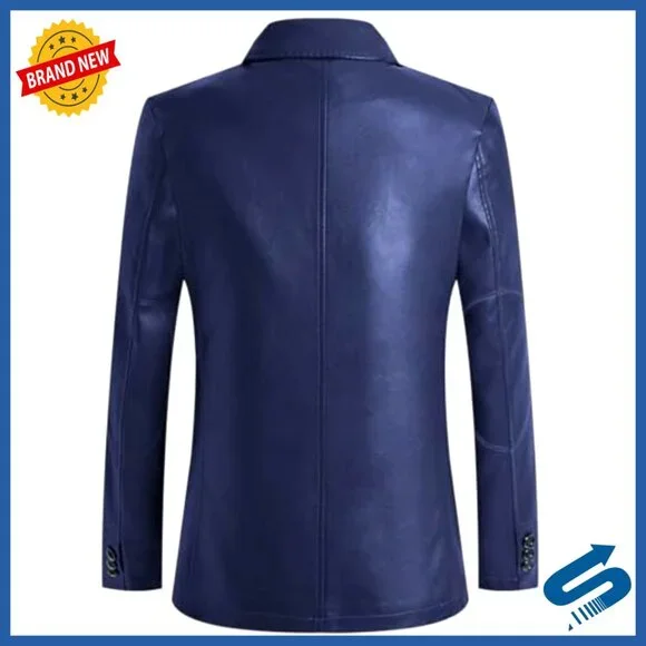 Men's Faux Leather Blazer Jacket Slim Fit Notch Lapel Casual Coat
